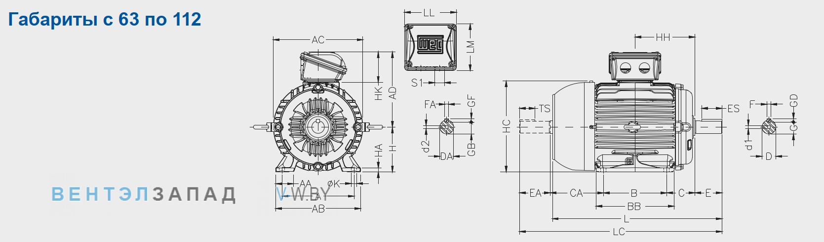 Посадочные размеры WEG W22 90S 0.37 кВт DIN чугунный 750 об/мин