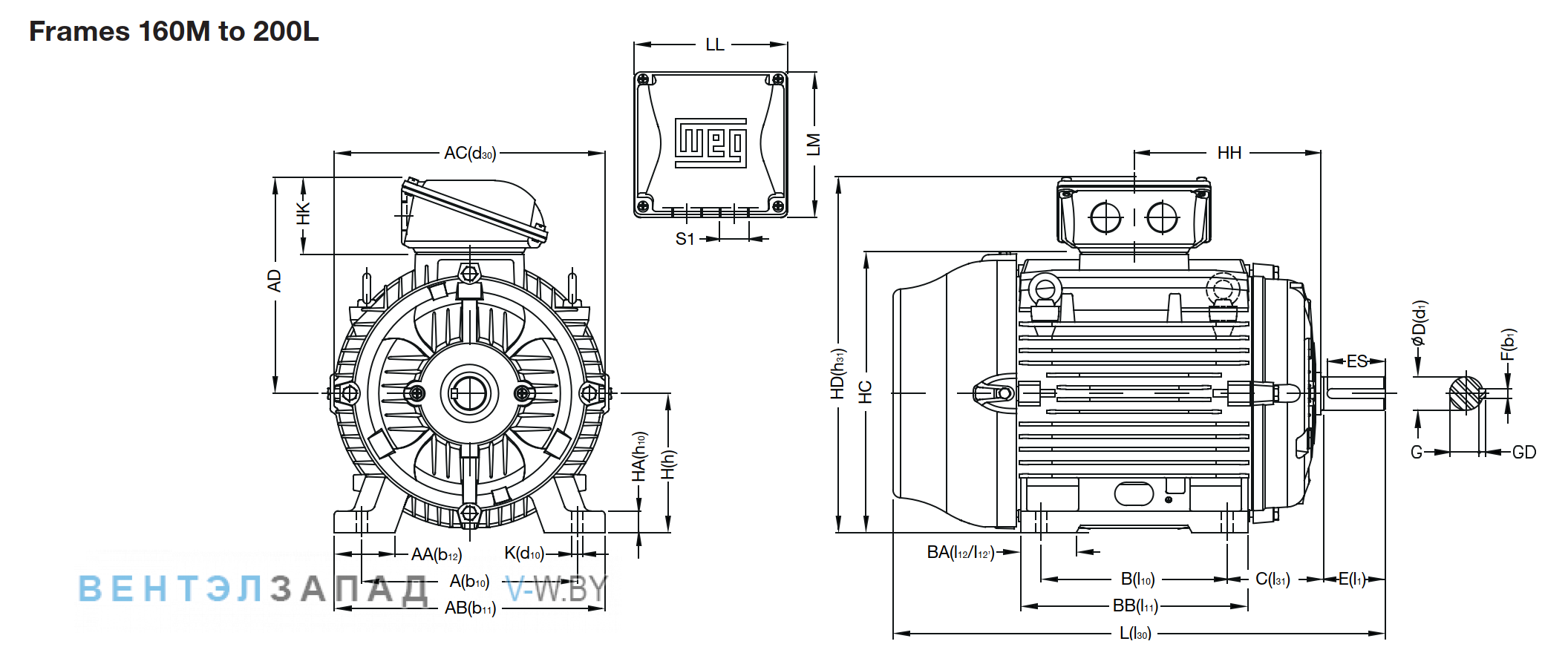 Посадочные размеры WEG W22 L160M 11 кВт ГОСТ чугунный 750 об/мин
