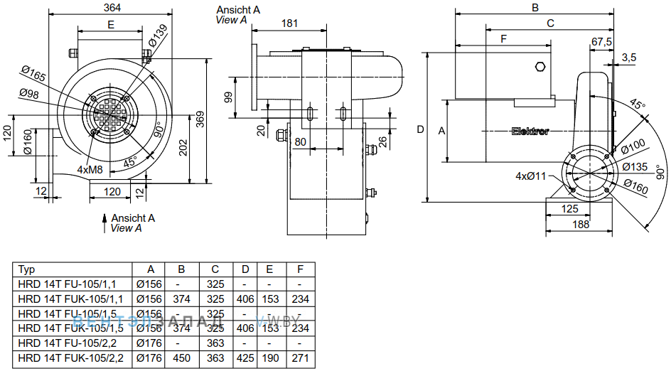 Чертеж и исполнениеы Elektror HRD 14T FUK - 105 - 2.2