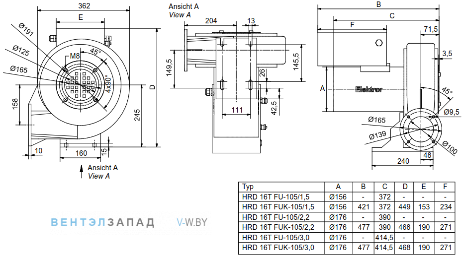 Чертеж и исполнениеы Elektror HRD 16T FU - 105 - 2.2