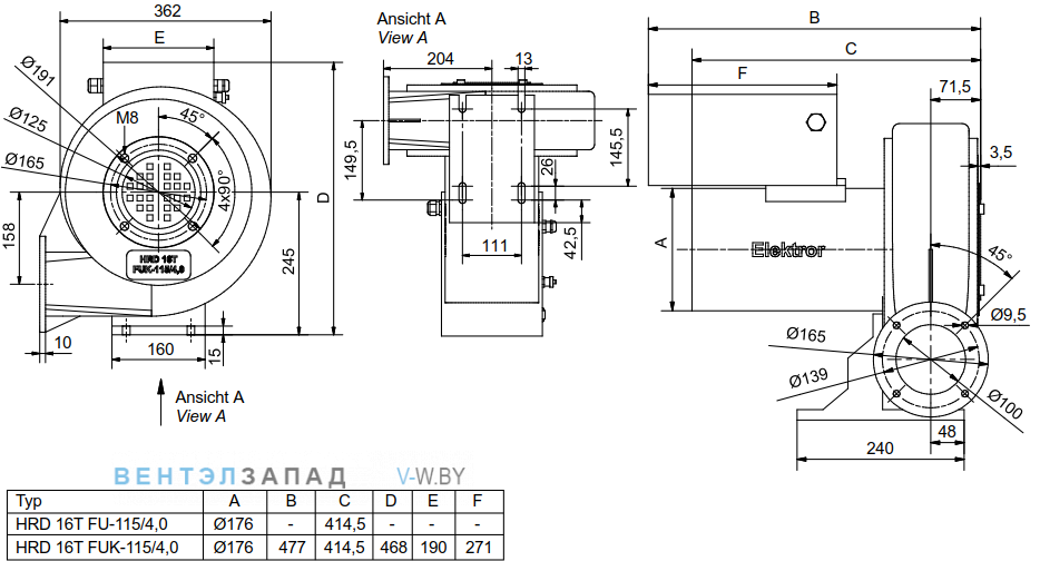 Чертеж и исполнениеы Elektror HRD 16T FU - 115 - 4