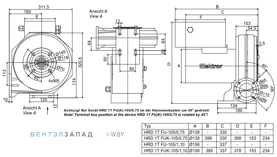 Чертеж и исполнениеы Elektror HRD 1T FU 105/1.10