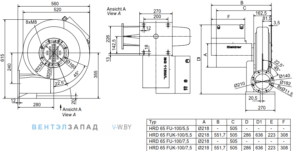 Чертеж и исполнениеы Elektror HRD 65 FU 100/7.50