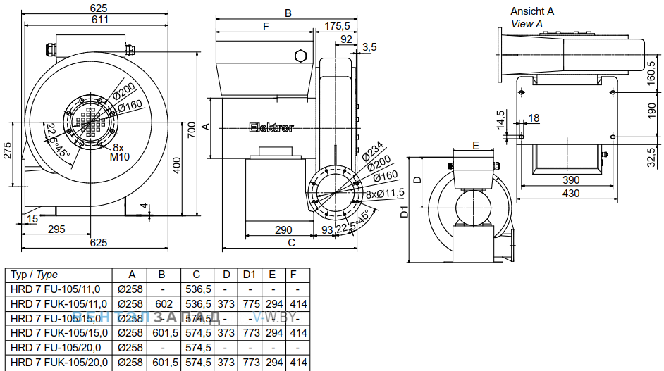 Чертеж и исполнениеы Elektror HRD 7 FUK 105/15.0