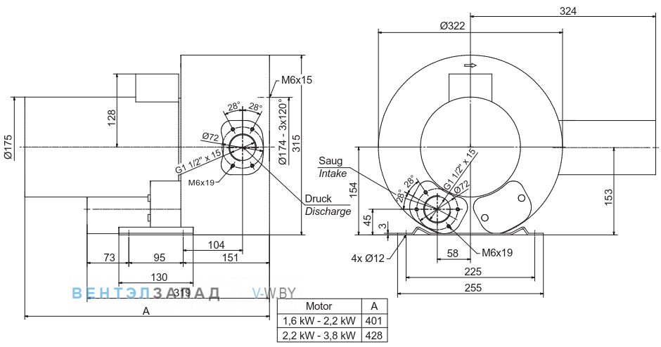 Чертеж и исполнениеы Elektror 2SD 420 2.2 кВт