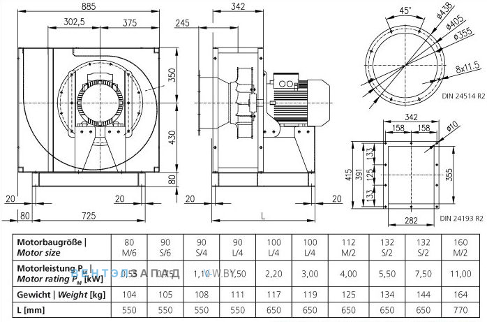 Чертеж и исполнениеы Elektror CFM 355 центробежный