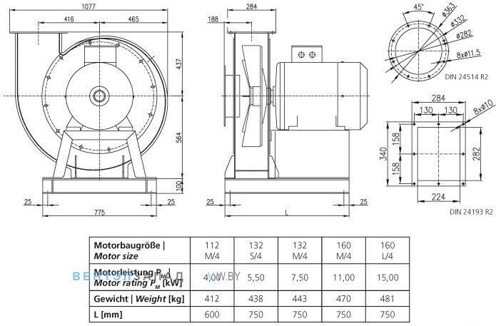 Чертеж и исполнениеы Elektror CFM 280 центробежный