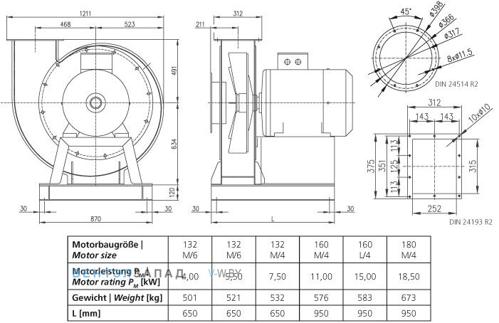 Чертеж и исполнениеы Elektror CFM 315 центробежный