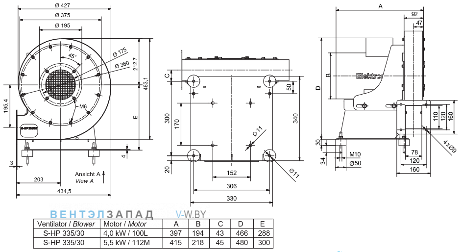 Чертеж и исполнениеы Elektror S-HP 335/30 центробежный 4.0 кВт