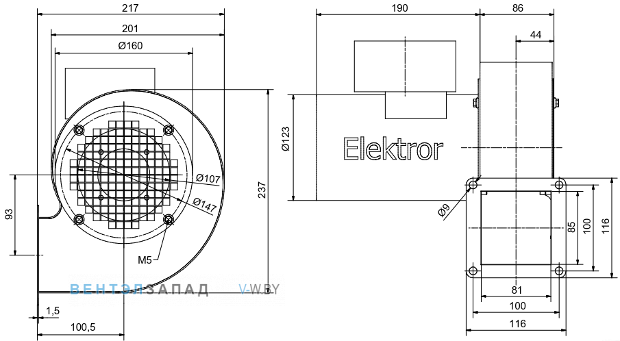 Чертеж и исполнениеы Elektror S-LP 133/62 центробежный 0.18 кВт