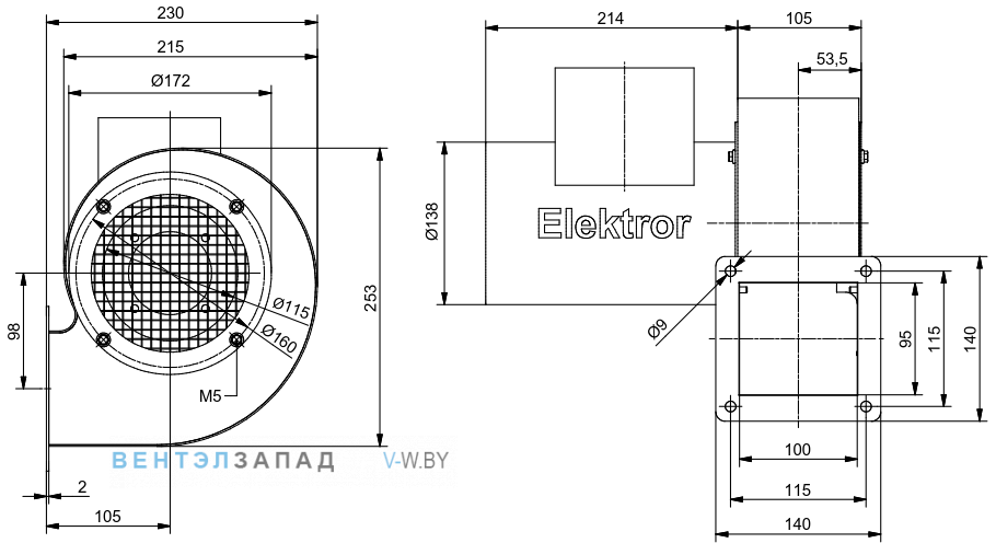 Чертеж и исполнениеы Elektror S-LP 146/74 центробежный 0.37 кВт