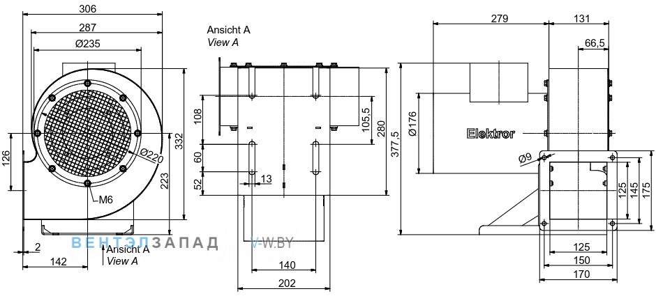 Чертеж и исполнениеы Elektror S-LP 200/74 центробежный 1.5 кВт