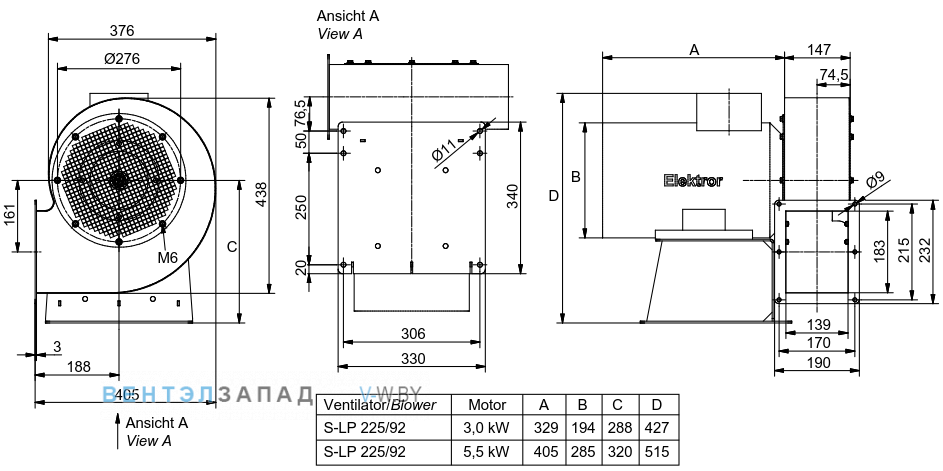 Чертеж и исполнениеы Elektror S-LP 225/92 центробежный 3.0 кВт
