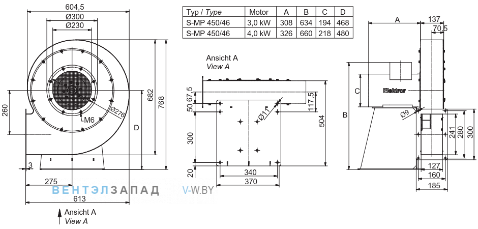 Чертеж и исполнениеы Elektror S-MP 450/46 центробежный 4.0 кВт IE3