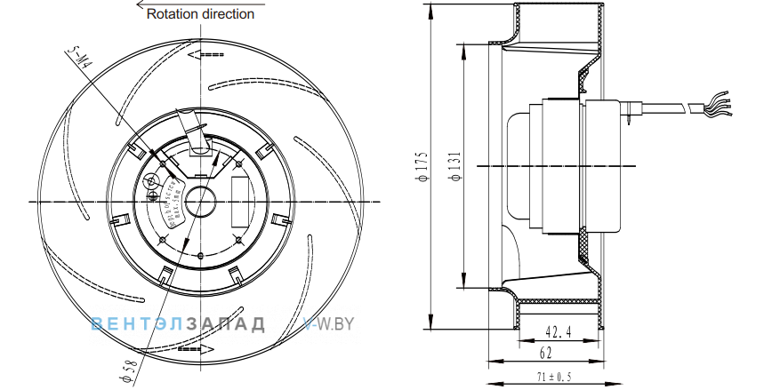 Габаритные размеры Fans-tech SC175A1-AGT-01 с обратно загнутыми лопатками AC