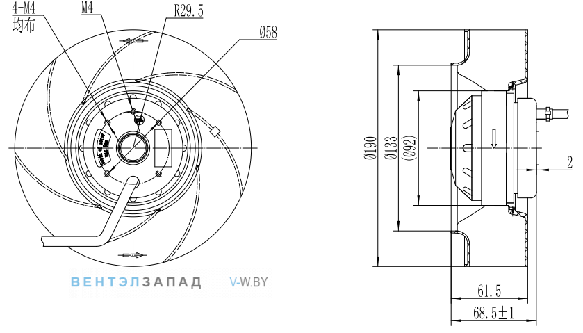 Габаритные размеры Fans-tech SC190B1-AQT-01 с обратно загнутыми лопатками AC
