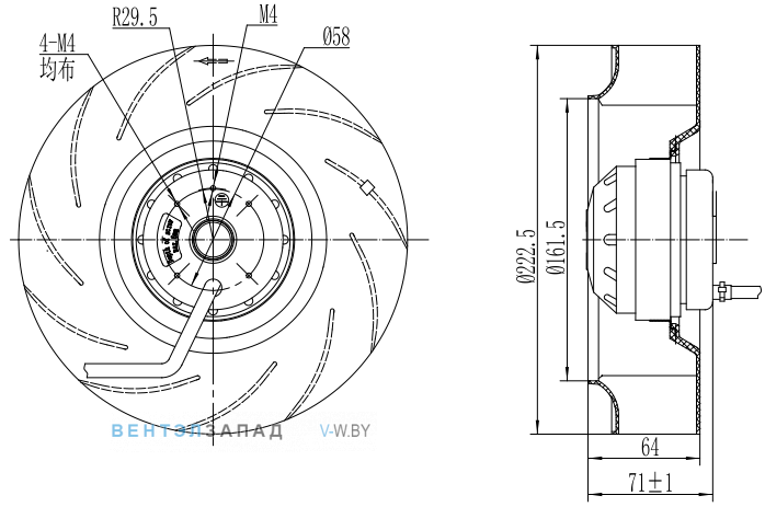 Габаритные размеры Fans-tech SC220B1-AQT-01 с обратно загнутыми лопатками AC