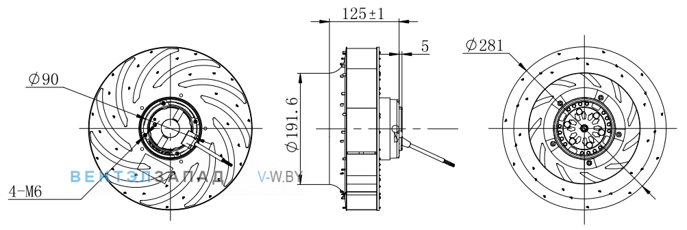 Габаритные размеры Fans-tech SC280B1-074-001-001 с обратно загнутыми лопатками AC