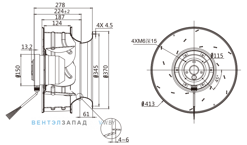 Габаритные размеры Fans-tech SC400B2-AL5-00 с обратно загнутыми лопатками AC