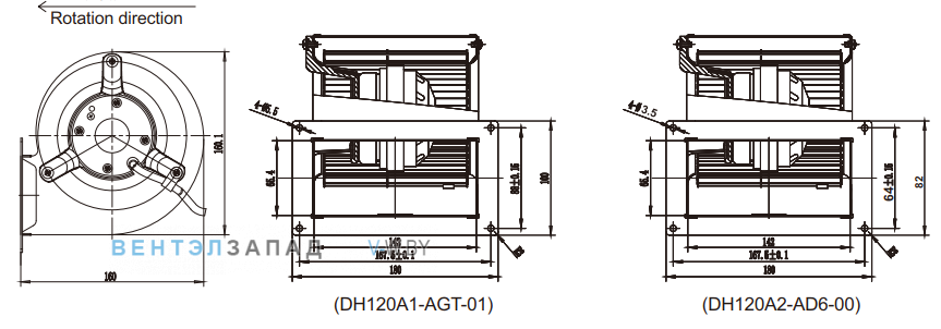 Габаритные размеры Fans-tech DH120A1-AGT-01 с вперед загнутыми лопатками AC