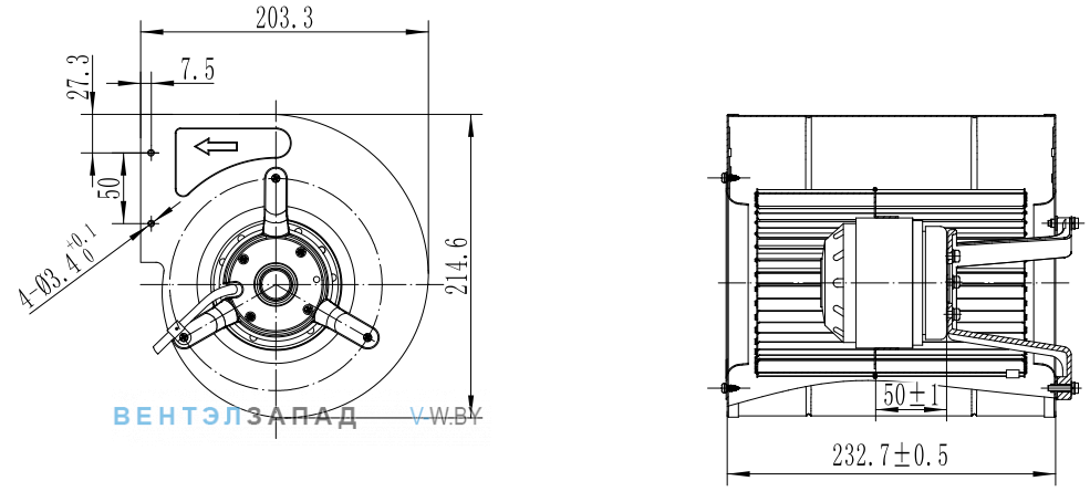 Габаритные размеры Fans-tech DH133A1-AGT-10 с вперед загнутыми лопатками AC