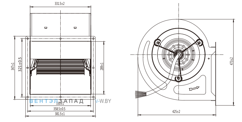 Габаритные размеры Fans-tech DH280A3-AGT-01 с вперед загнутыми лопатками AC