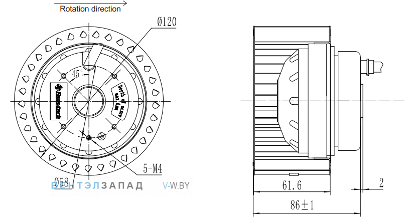 Габаритные размеры Fans-tech SC120A1-AGT-00 с вперед загнутыми лопатками AC
