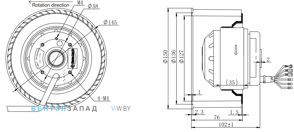 Габаритные размеры Fans-tech SC150A1-068-001 с вперед загнутыми лопатками AC