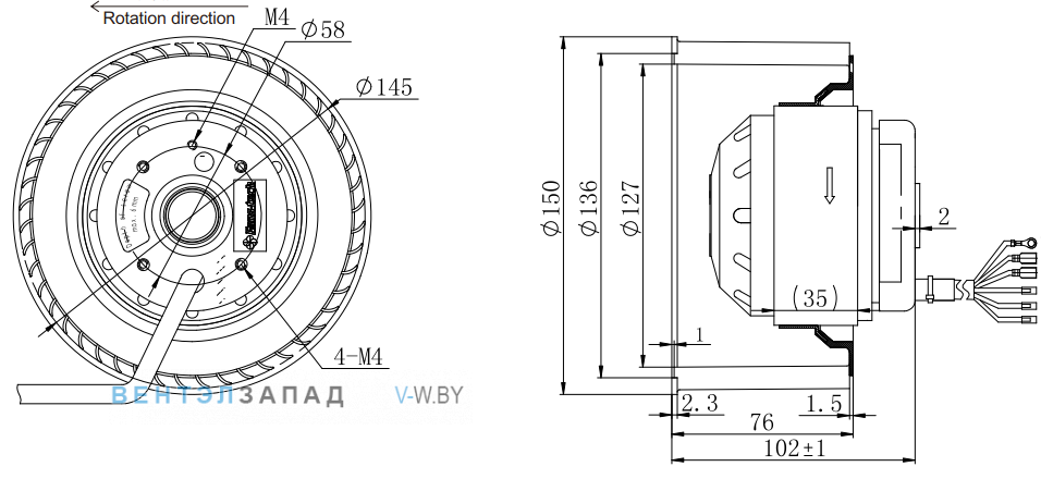 Габаритные размеры Fans-tech SC150A1-068-000 с вперед загнутыми лопатками AC