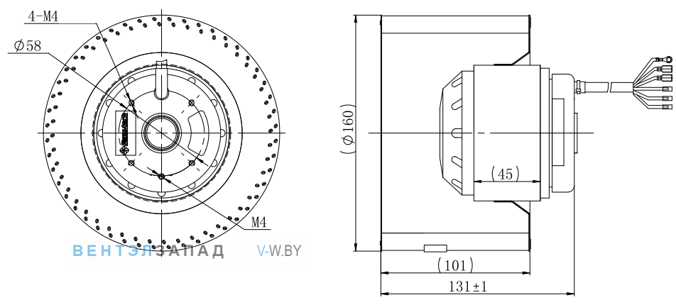 Габаритные размеры Fans-tech SC160A1-068-000 с вперед загнутыми лопатками AC