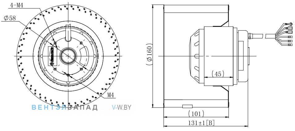 Габаритные размеры Fans-tech SC160A1-068-001 с вперед загнутыми лопатками AC