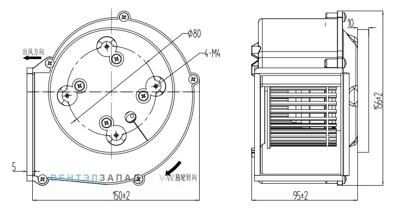 Габаритные размеры Fans-tech SH102A1-052-000-001 с вперед загнутыми лопатками AC