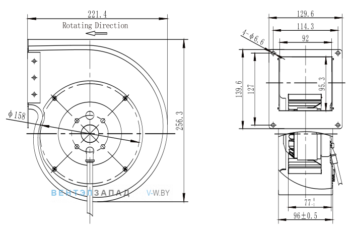 Габаритные размеры Fans-tech SH140A1-AGT-01 с вперед загнутыми лопатками AC