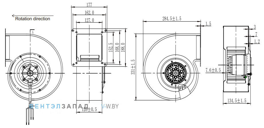 Габаритные размеры Fans-tech SH180A2-AGT-01 с вперед загнутыми лопатками AC