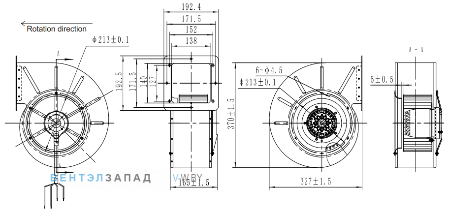 Габаритные размеры Fans-tech SH200A2-AGT-00 с вперед загнутыми лопатками AC
