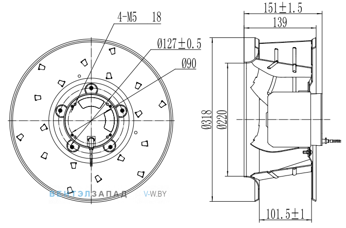 Габаритные размеры Fans-tech SC310E5-DF0-10 с обратно загнутыми лопатками AC