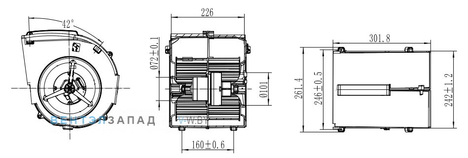 Габаритные размеры Fans-tech DH196F4-055-000-402 с вперед загнутыми лопатками DC