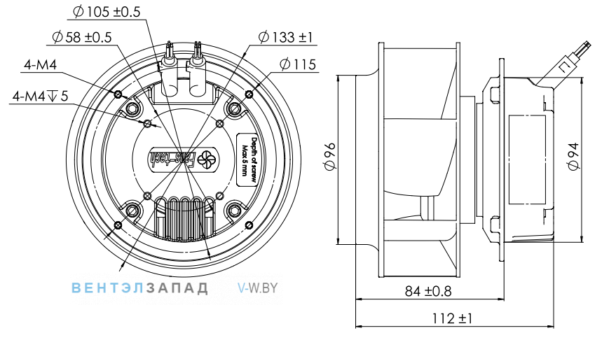 Габаритные размеры Fans-tech SC133E2-055-000-101 с обратно загнутыми лопатками EC