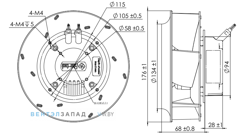 Габаритные размеры Fans-tech SC175E2-055-000-101 с обратно загнутыми лопатками EC