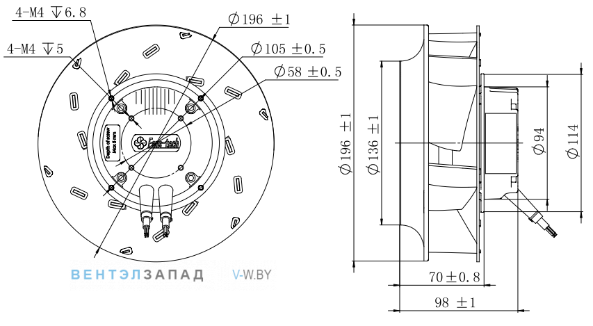 Габаритные размеры Fans-tech SC190E2-055-A00 с обратно загнутыми лопатками EC