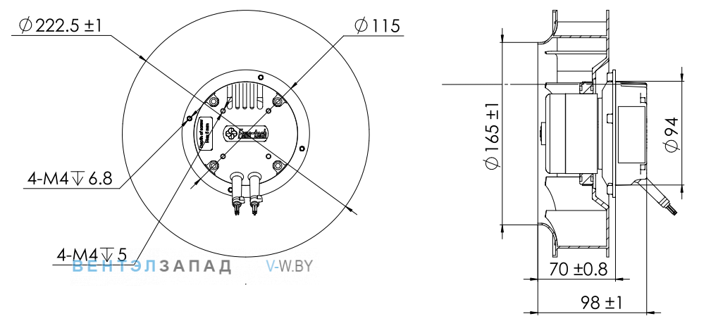 Габаритные размеры Fans-tech SC220E2-055-000 с обратно загнутыми лопатками EC