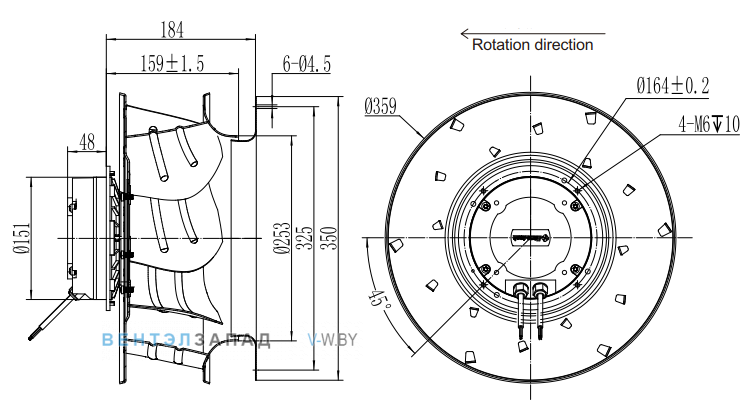 Габаритные размеры Fans-tech SC355E5-AGT-03 с обратно загнутыми лопатками EC