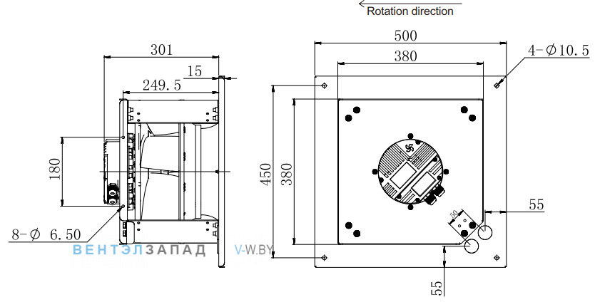 Габаритные размеры Fans-tech SC355F5-AKT-00 с обратно загнутыми лопатками EC