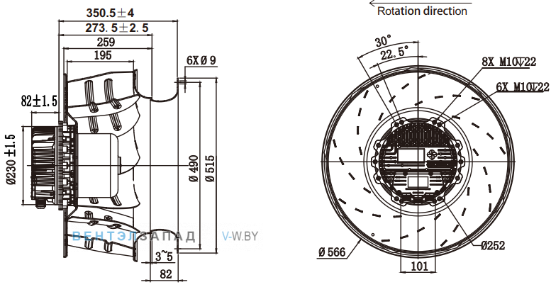 Габаритные размеры Fans-tech SC560F5-AKT-00 с обратно загнутыми лопатками EC
