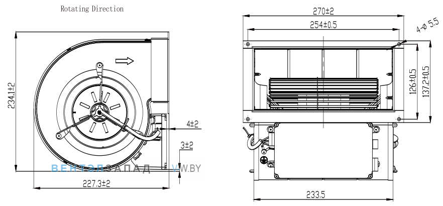 Габаритные размеры Fans-tech DH146E5-AGT-00 с вперед загнутыми лопатками EC