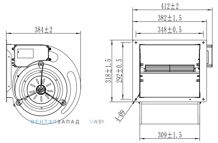 Габаритные размеры Fans-tech DH255F5-AGT-00 с вперед загнутыми лопатками EC
