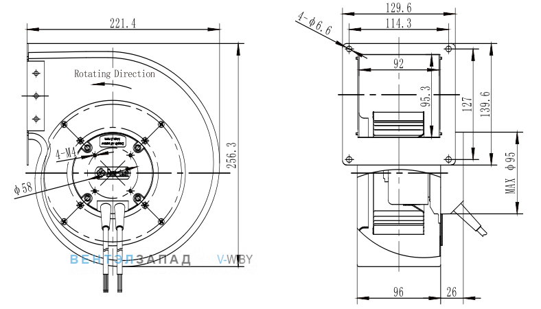 Габаритные размеры Fans-tech SH140E2-AGT-01 с вперед загнутыми лопатками EC