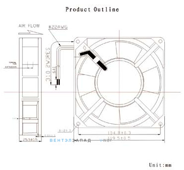 Чертеж и исполнение Tidar RQA12025HBT 120x120x25 компактный AC Чертеж и исполнение Tidar RQA12025HBT 120x120x25 компактный AC