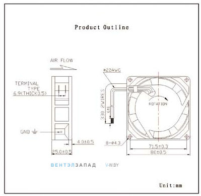 Чертеж и исполнение Tidar RQA8025HSL 80x80x25 компактный AC Чертеж и исполнение Tidar RQA8025HSL 80x80x25 компактный AC