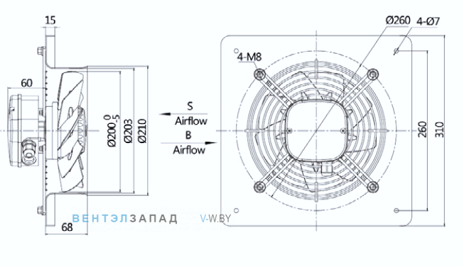 Габариты Weiguang YWF2D-200-B-92/15-B0